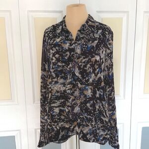 Cabi 3066 Women Navy Blue Abstract Ruffle Front Button Down Blouse Medium